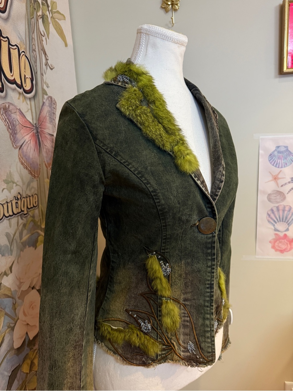 Rabbit Fur Olive Denim Jacket - Picture 7 of 7